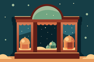 a warm lit antique shop window packed with glowing