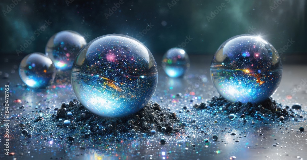 Poster glass spheres reflect cosmos. dark background emphasizes bright, swirling nebulas within each orb. w