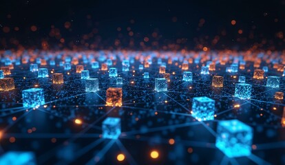 Obraz premium Digital Network with Illuminated Cubes and Interconnected Nodes