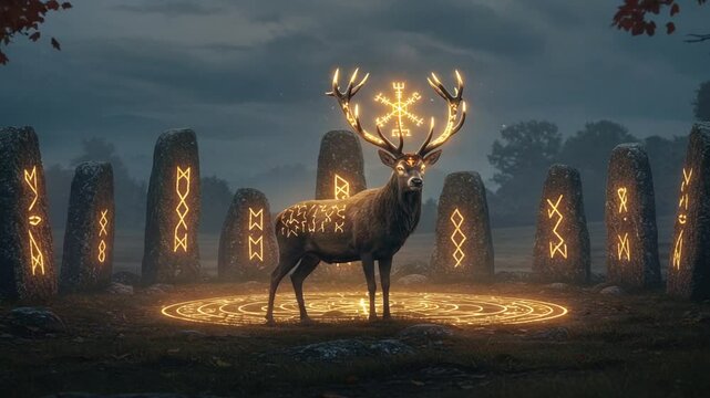 Majestic stag illuminated by runes in mystical grove