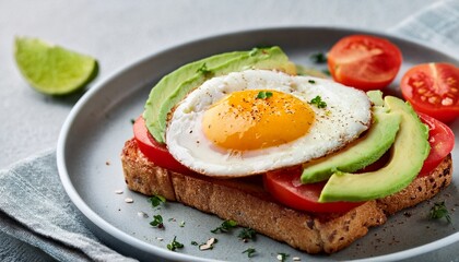 fried egg with tomato and avocado on toast in light grey plate closeup