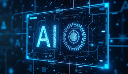 Digital interface showcasing 'AI' with futuristic circuitry and data patterns