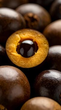 Close-up of a halved mabolo fruit showing the yellow flesh and dark brown seed, surrounded by whole mabolo fruits.