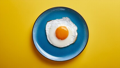 fried egg on a blue plate on yellow background top view