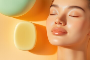 Beautiful Asian woman doing her daily routine in modern bathroom. Focus on skincare and relaxation