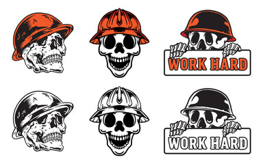 set of skull cartoon wearing hard hat construction