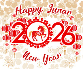 Chinese New Year 2026 Year of the Horse. Design template for festive illustrations, greeting cards and banners.