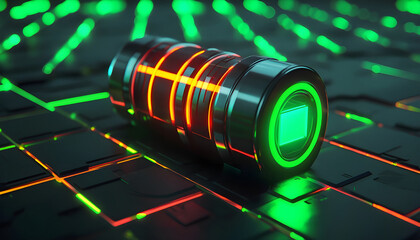 Futuristic Green Energy Storage Advanced High-Capacity Lithium-Ion Battery with Glowing Neon Power Core