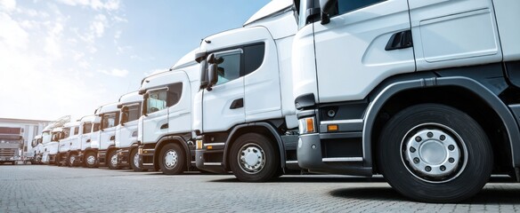 The fleet of white trucks lined up in perfect order under the blue sky.