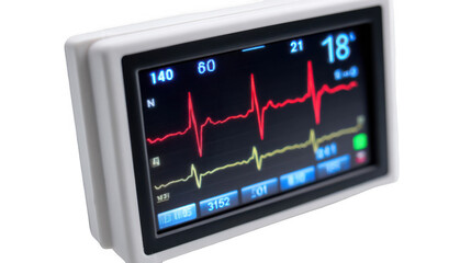 Portable heart rate monitor displaying real time electrocardiogram - ecg - data with vital signs, isolated on a transparent background, enhancing medical presentations and designs