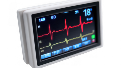 Portable heart rate monitor displaying real time electrocardiogram - ecg - data with vital signs, isolated on a transparent background, enhancing medical presentations and designs