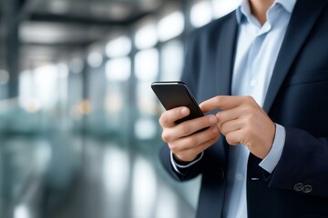 A businessman engages with his smartphone, showcasing modern communication in a professional setting.
