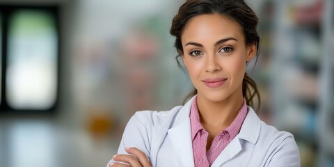 A confident healthcare professional in a lab coat, ready to assist with medical inquiries in a modern pharmacy setting.