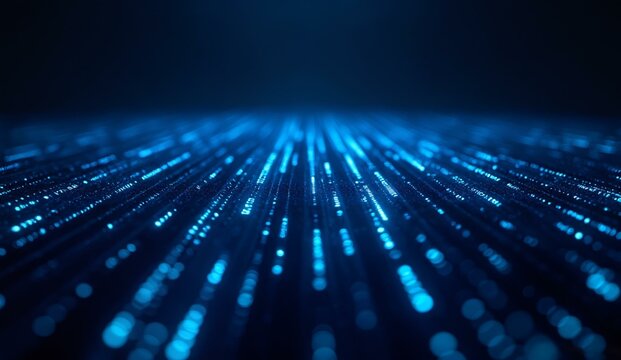 Blue digital data stream with glowing particles on a dark background