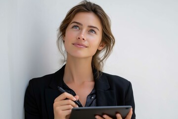 A young woman thoughtfully using a tablet while standing against a light wall, showcasing modern technology in action.