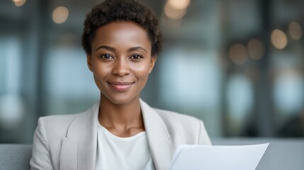 Confident professional woman holding a document, smiling in a modern office environment.