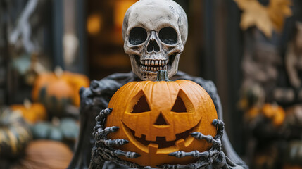 Fototapeta premium spooky skeleton holding carved pumpkin, perfect for Halloween festivities