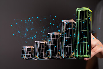 Abstract 3D bar chart showing growth and data network connections. Ideal for business, technology,...