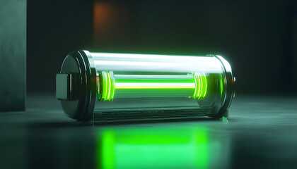 Futuristic Green Energy Storage Advanced High-Capacity Lithium-Ion Battery with Glowing Neon Power Core