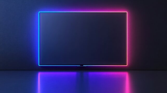 Illuminated Display: A modern, sleek display, framed by a vibrant neon border, stands against a minimalist backdrop, reflecting a futuristic aesthetic. - Powered by Adobe