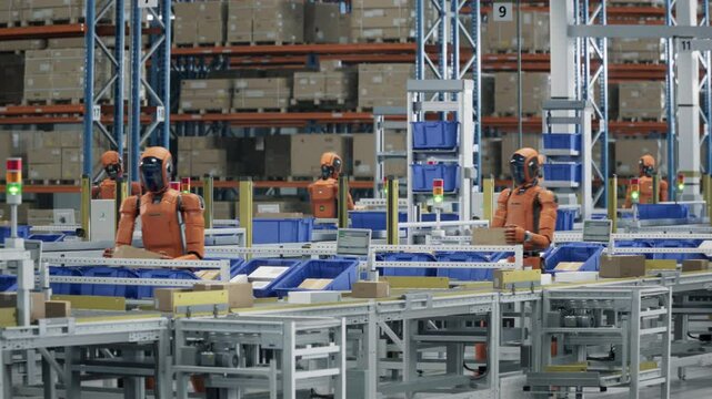 3D Animation: Automated Warehouse or Logistics Center with General Purpose Humanoid Robots for Improved Efficiency. Autonomous AI-Enabled Humanoid Robots are Sorting Packages at Fulfillment Center 