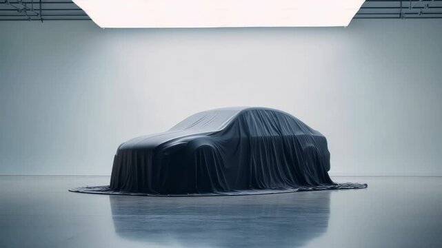 Elegantly veiled car awaiting unveiling under bright studio lights, anticipation