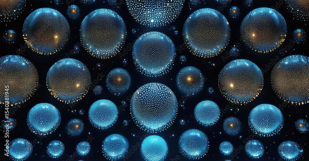 Aufkleber Abstract digital art. Numerous glowing spheres float within dark space. Light reflects, creating depth, texture. Beautiful, mesmerizing composition.