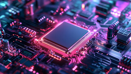 captivating microchip on a futuristic circuit board illuminated by vibrant lights