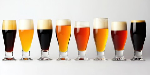 Craft Beer Flight: A stunning array of craft beers, each offering a unique flavor profile and color, is presented in elegant glassware. Captured in a studio setting.