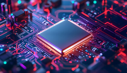 Fototapeta premium captivating microchip on a futuristic circuit board illuminated by vibrant lights