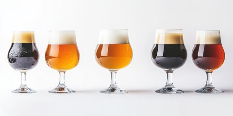 Craft Brew Spectacle: A visually stunning display of craft beer glasses, each showcasing a unique hue and creamy head, captures the essence of a tasting experience.