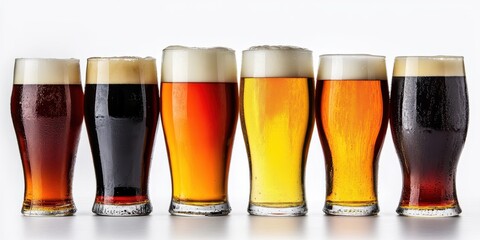 A Spectrum of Brews: A curated selection of beer styles, each glass showcasing a unique hue and head, against a crisp clean setting.