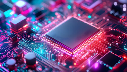 Obraz premium captivating microchip on a futuristic circuit board illuminated by vibrant lights