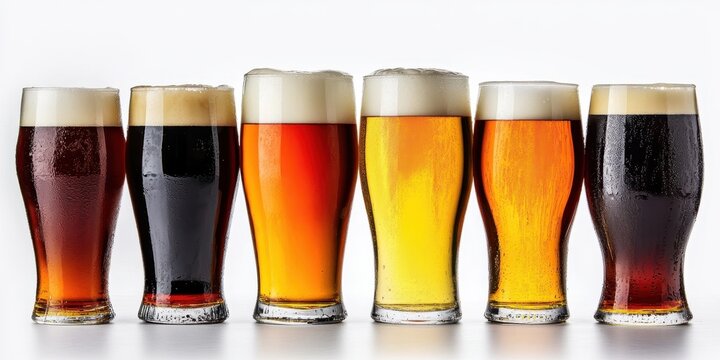 A Spectrum of Brews: A curated selection of beer styles, each glass showcasing a unique hue and head, against a crisp clean setting.