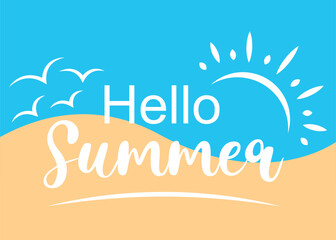Beautiful hello summer banner. Colorful sand and sea hand drawn vector illustration.