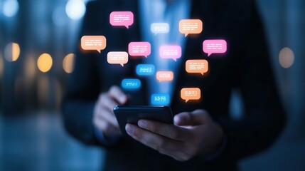 Digital Communication: A businessman uses his smartphone, surrounded by glowing chat bubbles representing messages and communication.