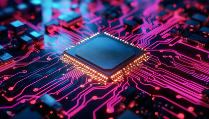 captivating microchip on a futuristic circuit board illuminated by vibrant lights