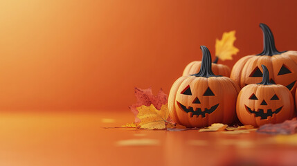 Spooky pumpkins with autumn leaves create festive Halloween atmosphere