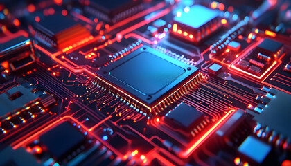 Obraz premium captivating microchip on a futuristic circuit board illuminated by vibrant lights