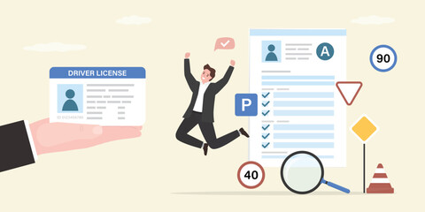 Human hand give driver license. Happy student after education and exams on driver course. Paper form. Auto school test. Concept of driving school, traffic rules, driving exam.