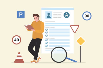 Male character read textbook and learning to drive a car on driver course. Paper form. Auto school test. Driving school, traffic rules. Smart young man preparing driving exam