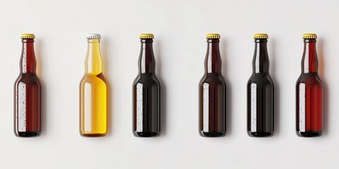 A Symphony of Refreshment: An artistic array of diverse beer bottles stands in perfect alignment, each displaying its unique hue. Evoking the experience of enjoyment.