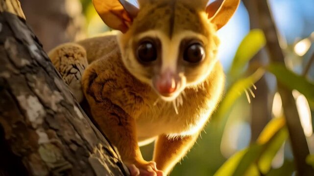 Close-up of a golden brown mouse lemur climbing a tree branch, looking directly at the camera with expressive eyes, surrounded by leaves and blue sky.
