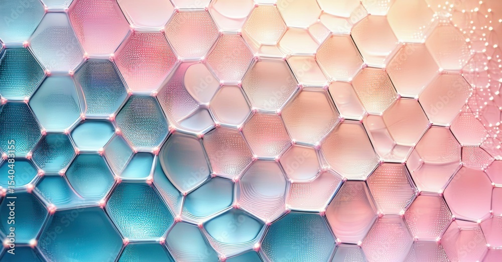 Aufkleber Hexagonal cells create abstract background. Soft pinks, blues blend, forming textured pattern. Light reflects, adding depth.