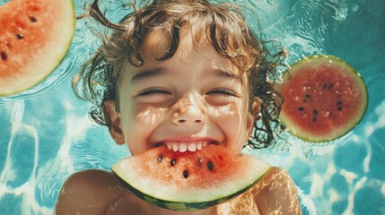 Joyful Child Laughing with Watermelon Slice in Clear Pool Water on a Sunny Day in Summer Time