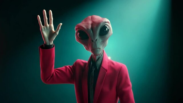 Alien in Business Suit Waving Hand, Extraterrestrial Being in Formal Attire Concept