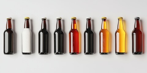 Colorful Beer Bottles: A captivating array of beer bottles, each with a unique color and hue, are arranged in a row, creating an aesthetically pleasing visual.
