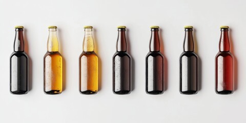 Beer Bottle Variety Pack: A perfectly aligned row of beer bottles showcases a diverse range of colors and shades, suggesting a variety pack of brews.