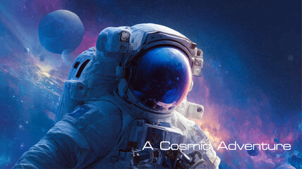 An astronaut in space, with planets and stars in background