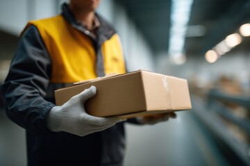 Delivery person in yellow and gray uniform holds cardboard package in warehouse setting. background is blurred, emphasizing focus on delivery. scene conveys sense of professionalism and efficiency